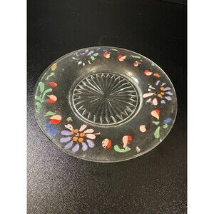 Vintage Clear Glass Plate Hand Painted Floral Enamel 7.25" Starburst Center